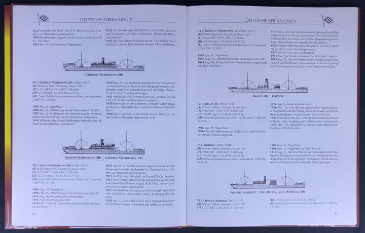 Die Schiffe der Deutschen Afrika-Linien, Karsten Kunibert Krüger-Kopiske. 128 sider illustreret skibsliste med stregtegning og beskrivelse af hvert enkelt skibs historie. 