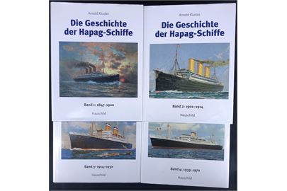 Die Geschichte der Hapag-Schiffe af Arnold Kludas. Bind 1 (1847-1900 240 sider), bind 2 (1901-1914 240 sider), bind 3 (1914-1932 240 sider) og bind 4 (1933-1970 240 sider). Omfattende illustreret historisk gennemgang af Hapag skibe. 