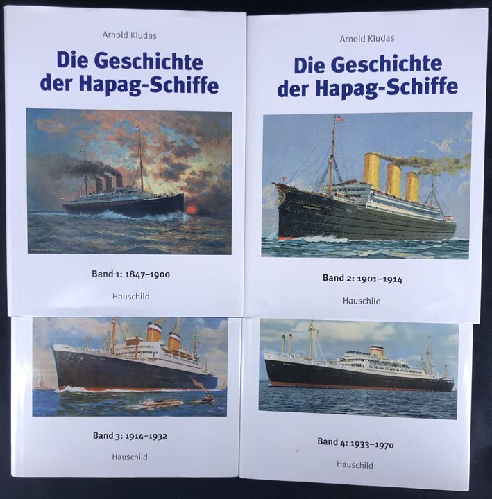 Die Geschichte der Hapag-Schiffe af Arnold Kludas. Bind 1 (1847-1900 240 sider), bind 2 (1901-1914 240 sider), bind 3 (1914-1932 240 sider) og bind 4 (1933-1970 240 sider). Omfattende illustreret historisk gennemgang af Hapag skibe. 