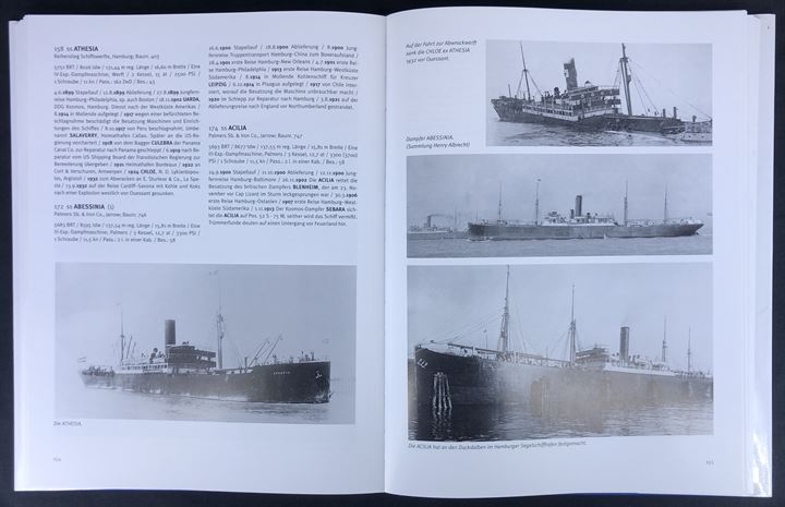 Die Geschichte der Hapag-Schiffe af Arnold Kludas. Bind 1 (1847-1900 240 sider), bind 2 (1901-1914 240 sider), bind 3 (1914-1932 240 sider) og bind 4 (1933-1970 240 sider). Omfattende illustreret historisk gennemgang af Hapag skibe. 