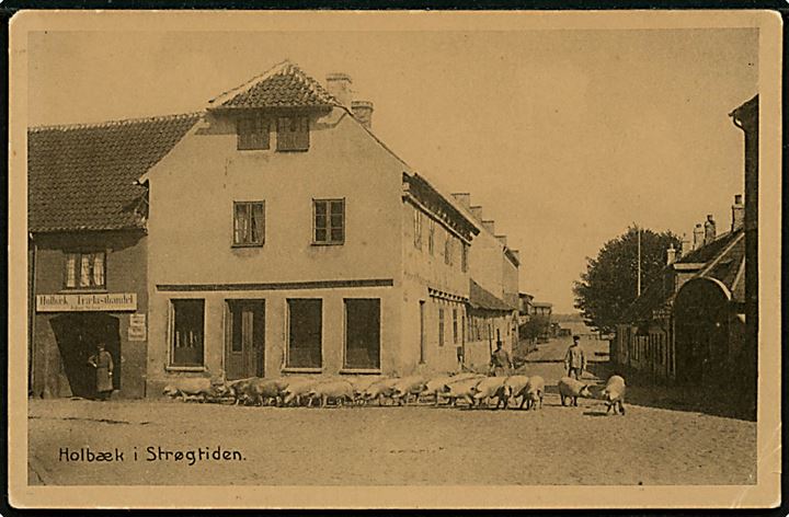 Holbæk, Strøgtiden med grise ved Holbæk Trælasthandel. Stenders no. 5828.