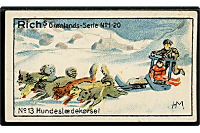 Harald Moltke: Hundeslædekørsel No. 13. Rich's Grønlands-serie No. 1-20 med gengivelse af malerier fra den danske litterære Grønlands-Ekspedition 1902-1904. Samlemærke 3½x6 cm. 