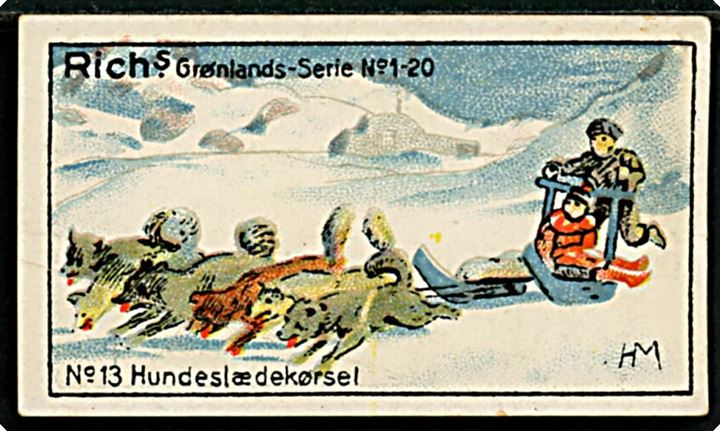 Harald Moltke: Hundeslædekørsel No. 13. Rich's Grønlands-serie No. 1-20 med gengivelse af malerier fra den danske litterære Grønlands-Ekspedition 1902-1904. Samlemærke 3½x6 cm. 