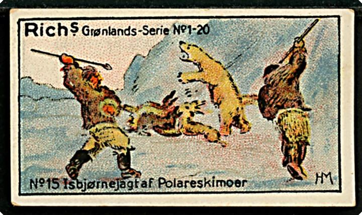 Harald Moltke: Isbjørnejagt af Polareskimoer No. 15. Rich's Grønlands-serie No. 1-20 med gengivelse af malerier fra den danske litterære Grønlands-Ekspedition 1902-1904. Samlemærke 3½x6 cm. 