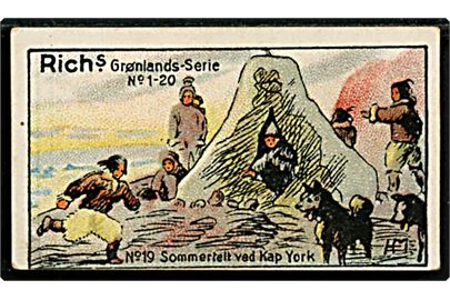 Harald Moltke: Sommertelt ved Kap York No. 19. Rich's Grønlands-serie No. 1-20 med gengivelse af malerier fra den danske litterære Grønlands-Ekspedition 1902-1904. Samlemærke 3½x6 cm. 