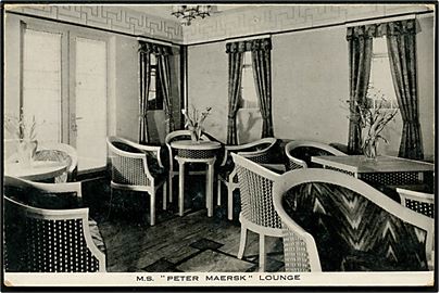 Peter Mærsk, M/S, Rederiet A. P. Møller. Interiør fra lounge. Reklamekort u/no. Frankeret med amerikansk 3 cents fra San Pedro d. 1.8.1932 til Marstal, Danmark.