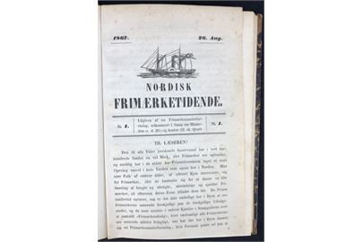 Nordisk Frimærketidende 1. årgang (1867-68) no. 1-12. Danmarks første frimærketidsskrift udgivet Carl Lund (90 sider incl. indeks). Indbundet i lille læderbind sammen med Tidsskrift for Postvæsen 1883. 8. årgang komplet (68 sider.). Meget sjældent filatelistisk tidsskrift. 