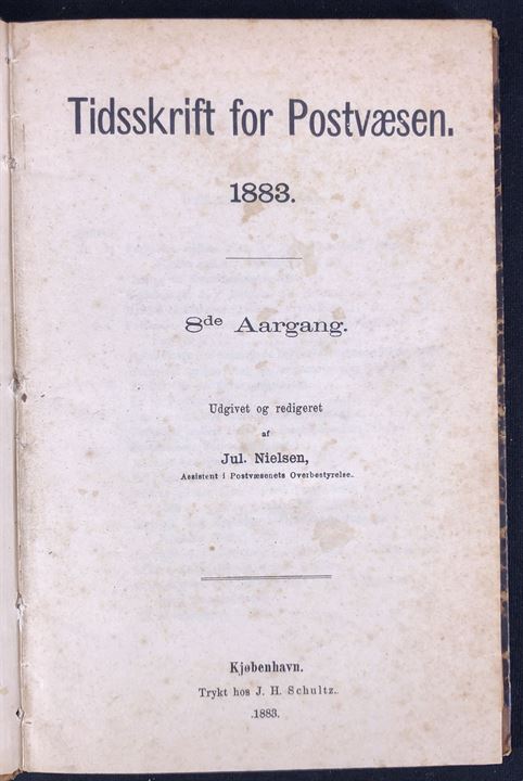 Nordisk Frimærketidende 1. årgang (1867-68) no. 1-12. Danmarks første frimærketidsskrift udgivet Carl Lund (90 sider incl. indeks). Indbundet i lille læderbind sammen med Tidsskrift for Postvæsen 1883. 8. årgang komplet (68 sider.). Meget sjældent filatelistisk tidsskrift. 