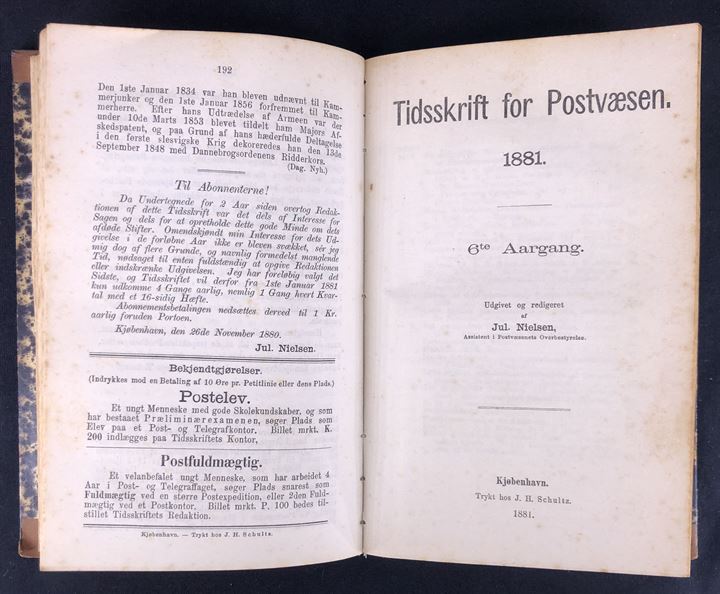 Tidsskrift for Postvæsen 1880-1883. 5., 6. & 7. Aargang komplet indbundet. Sjældent tidsskrift med artikler om samtidige postforhold.