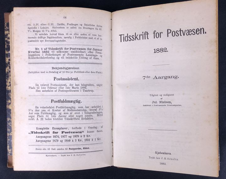 Tidsskrift for Postvæsen 1880-1883. 5., 6. & 7. Aargang komplet indbundet. Sjældent tidsskrift med artikler om samtidige postforhold.