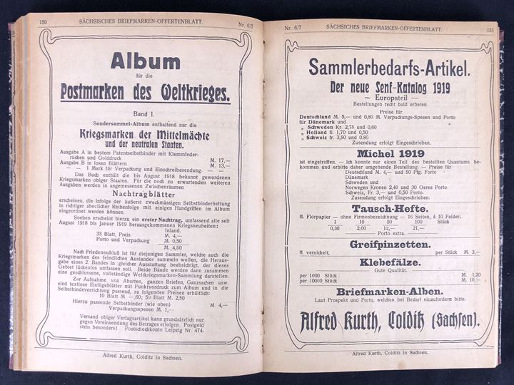 Sächsische Briefmarken-Zeitung 1919. 3. årgang komplet indbundet med 334 sider. Interessant omtale af krigs og revolutions frimærker. 