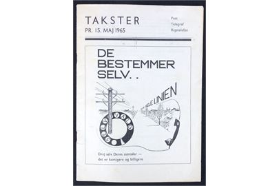 Takster for Post, Telegraf og Rigstelefon gældende pr. 15.5.1965. 32 sider hæfte.