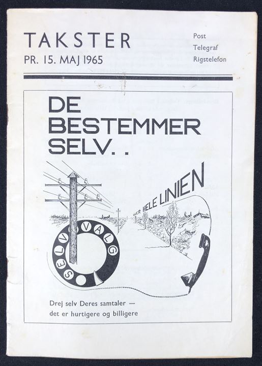 Takster for Post, Telegraf og Rigstelefon gældende pr. 15.5.1965. 32 sider hæfte.