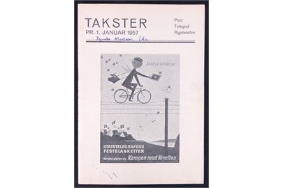 Takster for Post, Telegraf og Rigstelefon gældende pr. 1.1.1957. 32 sider hæfte.