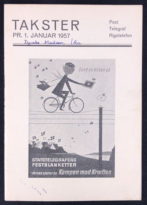 Takster for Post, Telegraf og Rigstelefon gældende pr. 1.1.1957. 32 sider hæfte.