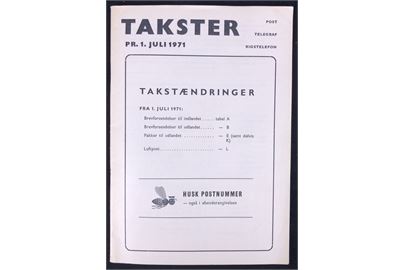 Takster for Post, Telegraf og Rigstelefon gældende pr. 1.7.1971. 34 sider hæfte.