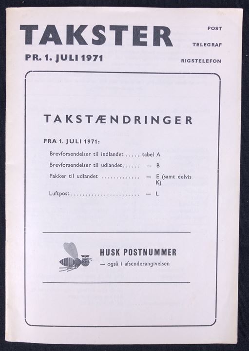 Takster for Post, Telegraf og Rigstelefon gældende pr. 1.7.1971. 34 sider hæfte.