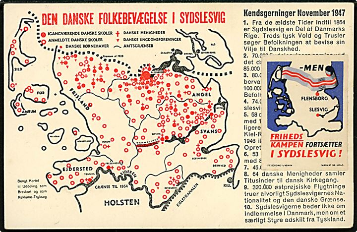 15 øre Chr. X og 25 øre Sydslesvig Frit mærke på propagandakort vedr. den danske bevægelse i Sydslesvig fra Aarhus d. 4.2.1948 til Brædstrup.