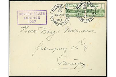 5 øre Regentjubilæum i parstykke på lokalbrev annulleret med særstempel Danmark * Det rullende Postkontor * d. 11.6.1937 og sidestemplet Rundskuedagen Odense 1937 til Tarup.