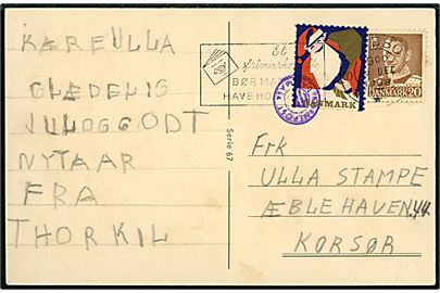 20 øre Fr. IX og julemærke 1958 (defekt) på julekort fra Svendborg d. 23.12.1958 med violet BØRNEPOST stempel til Korsør.