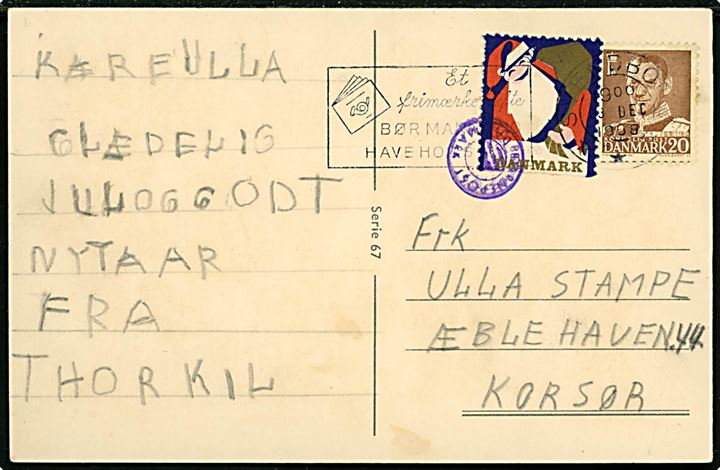 20 øre Fr. IX og julemærke 1958 (defekt) på julekort fra Svendborg d. 23.12.1958 med violet BØRNEPOST stempel til Korsør.