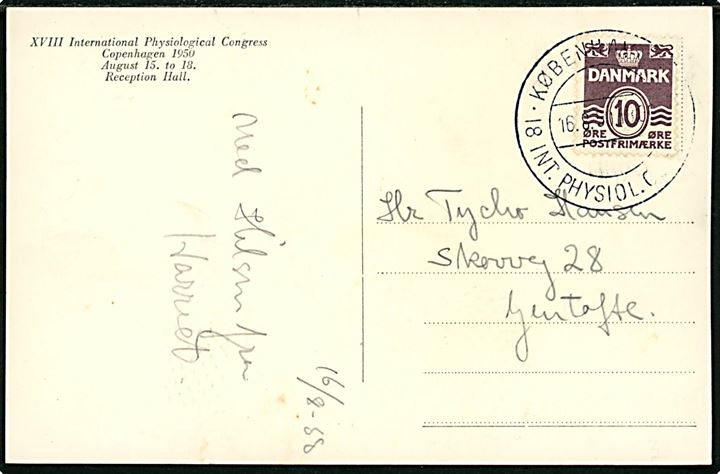 10 øre Bølgelinie på brevkort (XVIII International Physiological Congress) annulleret med særstempel København N * 18 Int. Physiol. Congress * d. 16.8.1950 til Gentofte. Midlertidigt postkontor oprettet på Danmarks Højskole for Legemesøvelser, Nørre Alle 51, København N..