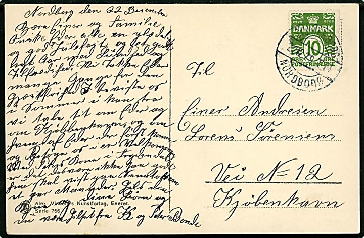 10 øre Bølgelinie på julekort fra Nordborg annulleret med bureaustempel Sønderborg - Nordborg T.11 d. 22.12.1929 til København.