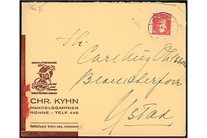 20 øre Chr. X på firmakuvert fra Handelsgartner Chr. Kyhn i Rønne d. 5.6.1943 til Ystad, Sverige. Åbnet af dansk censur med spor efter rød etiket vedr. særlig kontrol.