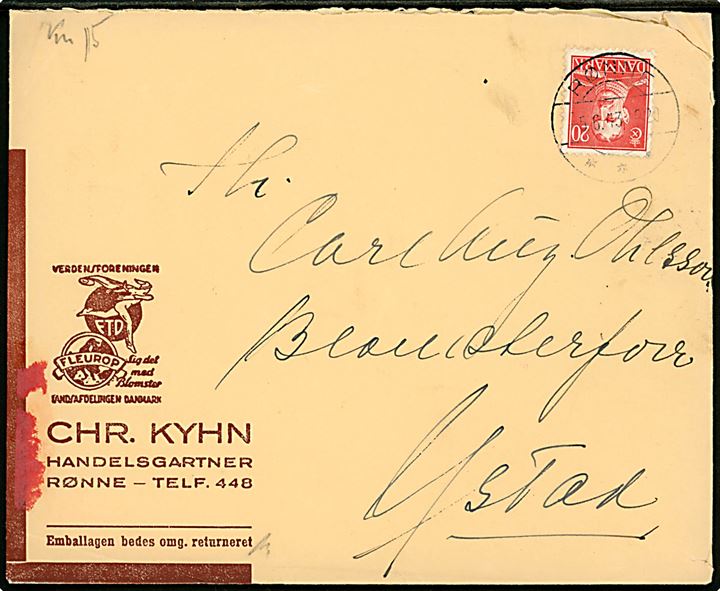 20 øre Chr. X på firmakuvert fra Handelsgartner Chr. Kyhn i Rønne d. 5.6.1943 til Ystad, Sverige. Åbnet af dansk censur med spor efter rød etiket vedr. særlig kontrol.