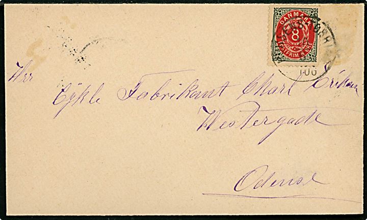 8 øre Tofarvet omv. rm. på brev fra Haurum pr. Flemming annulleret med lapidar bureaustempel Horsens - Tørring d. 10.6.1896 via Horsens til Odense. Landsbyen Flemming havde eget brevsamlingssted fra 1891, men fik først leveret et stjernestempel i 1897.