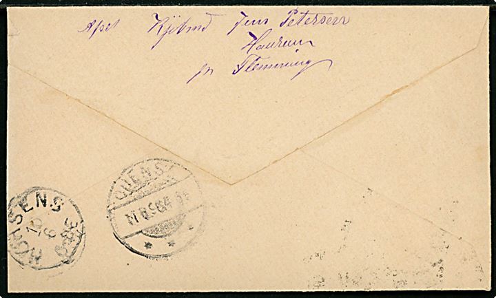 8 øre Tofarvet omv. rm. på brev fra Haurum pr. Flemming annulleret med lapidar bureaustempel Horsens - Tørring d. 10.6.1896 via Horsens til Odense. Landsbyen Flemming havde eget brevsamlingssted fra 1891, men fik først leveret et stjernestempel i 1897.