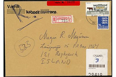 12 kr. Sporvogn og 20 kr. Rigsvåben på anbefalet brev fra København V. d. 16.11.1994 til Reykjavik, Island. Påsat islandsk etiket vedr. toldpligtigt indhold.