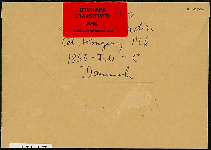 12 kr. Sporvogn og 20 kr. Rigsvåben på anbefalet brev fra København V. d. 16.11.1994 til Reykjavik, Island. Påsat islandsk etiket vedr. toldpligtigt indhold.