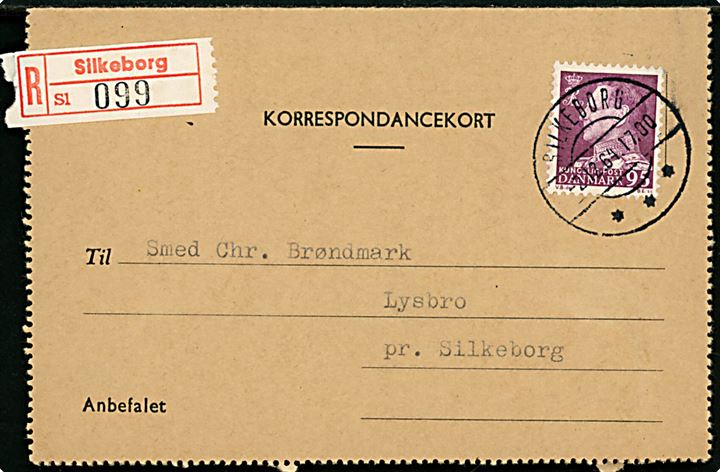 95 øre Fr. IX single på korrespondancekort sendt anbefalet i Silkeborg d. 2.12.1964.