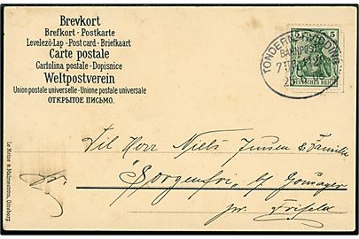 5 pfg. Germania på brevkort annulleret med bureaustempel Tondern - Hvidding Bahnpost Zug 1229 d. 25.6.1908 til Frifelt. 