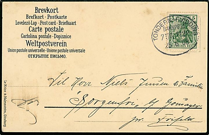 5 pfg. Germania på brevkort annulleret med bureaustempel Tondern - Hvidding Bahnpost Zug 1229 d. 25.6.1908 til Frifelt. 