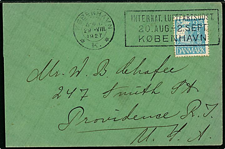 25 øre Karavel på brev annulleret med TMS København *K.* / Internat. Luftfartsudst. 20. Aug. - 2. Sept. København d. 29.8.1927 til Providence, USA.