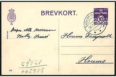 10 øre helsagsbrevkort (fabr. 133) annulleret med skibsstempel brotype IIc Kolby (Havn) d. 28.7.1939 til Horsens. 