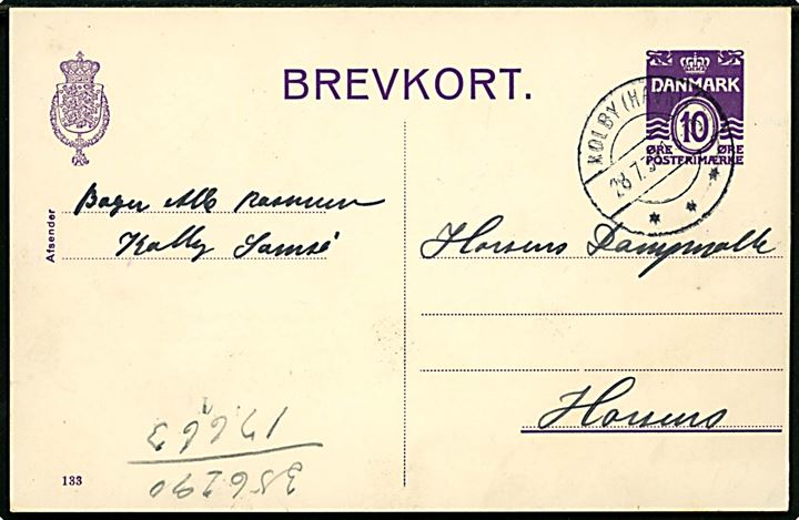 10 øre helsagsbrevkort (fabr. 133) annulleret med skibsstempel brotype IIc Kolby (Havn) d. 28.7.1939 til Horsens. 