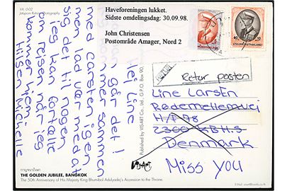 Turistkort fra Thailand d. 24.11.1998 til adresse i Haveforeningen Røde Mellemvej, København S. Påsat etiket: Haveforeningen lukket. Sidste omdelingsdag: 30.09.98 John Christensen Postområde Amager, Nord 2.