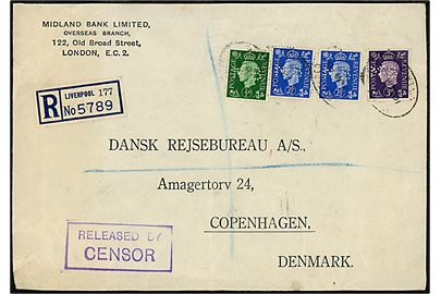 Britisk ½d, 2½d (2) og 3d George VI med perfin MB på anbefalet brev fra Midland Bank Limited i Liverpool d. 10.1.1940 ril København, Danmark. Violet censurstempel: Released by censor. På bagsiden ank.stemplet i København d. 23.1.1940.