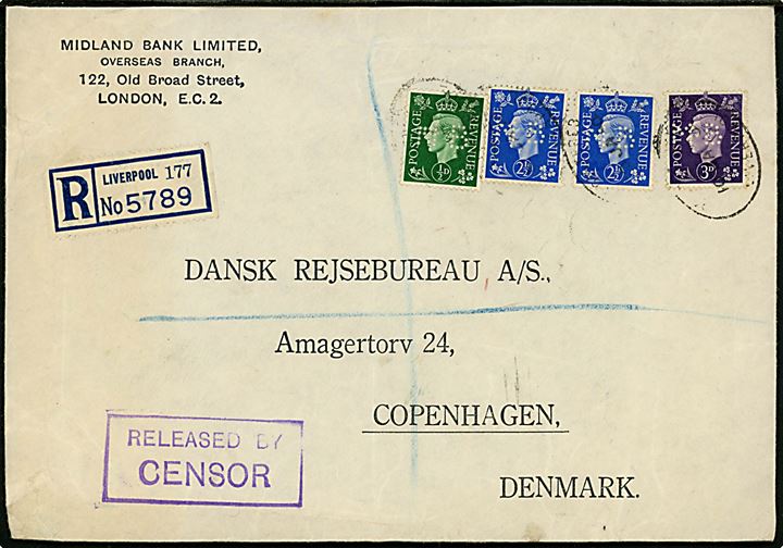 Britisk ½d, 2½d (2) og 3d George VI med perfin MB på anbefalet brev fra Midland Bank Limited i Liverpool d. 10.1.1940 ril København, Danmark. Violet censurstempel: Released by censor. På bagsiden ank.stemplet i København d. 23.1.1940.