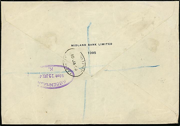 Britisk ½d, 2½d (2) og 3d George VI med perfin MB på anbefalet brev fra Midland Bank Limited i Liverpool d. 10.1.1940 ril København, Danmark. Violet censurstempel: Released by censor. På bagsiden ank.stemplet i København d. 23.1.1940.