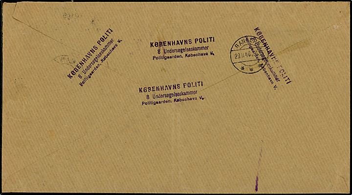 10 øre (2) og 20 øre (4) Chr. X på stort ekspresbrev fra Københavns Politi 8. Undersøgelseskammer stemplet København Omk. d. 18.11.1946 til Politimesteren i Randers. Violet stempel Kassebrev Omkarteringspostkontoret København V.