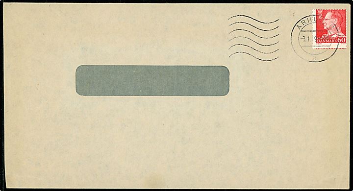 60 øre Fr. IX - skævt centreret - på rudekuvert fra A/S Købmands- og Haandværkerbanken annulleret Århus C. d. 3.1.1969. 