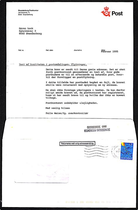 3,75 kr. Børnetegning på TESTBREV rudekuvert med stempel Returneres ved varig adresseændring fra Skanderborg Postkontor annulleret Østjyllands Postcenter d. 16.2.1995 til Skanderborg. Indeholder følgebrev fra Skanderborg postkontor vedr. test af kvaliteten i postomdelingen og håndtering af flytninger.