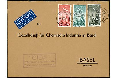 15 øre, 20 øre og 50 øre (skramme) Luftpost på 85 øre frankeret luftpostbrev annulleret København Luftpost sn3 d. 17.4.1935 til Basel, Schweiz.