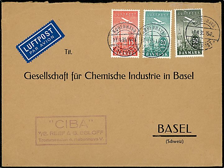 15 øre, 20 øre og 50 øre (skramme) Luftpost på 85 øre frankeret luftpostbrev annulleret København Luftpost sn3 d. 17.4.1935 til Basel, Schweiz.