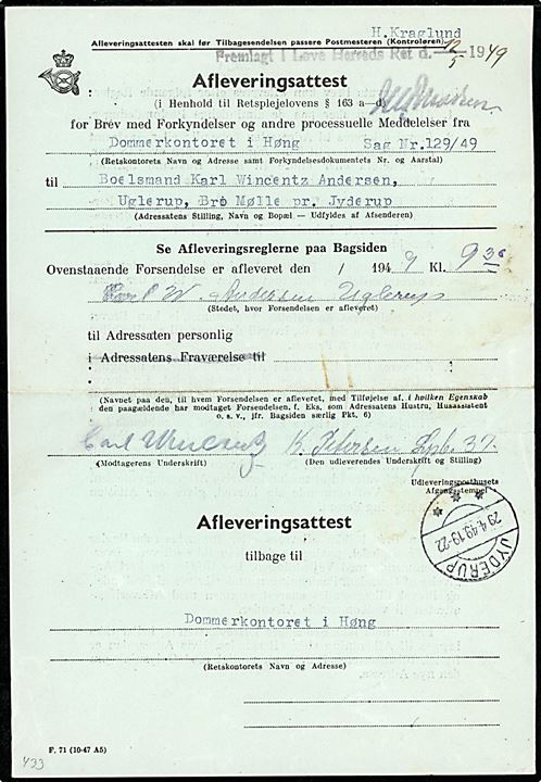 Afleveringsattest - formular F.71 (10-47 A5 ) - stemplet Jyderup d. 29.4.1949.