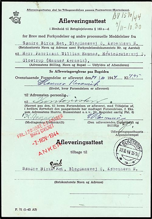 Afleveringsattest - formular F.71 (1-2 A5 ) - stemplet Glostrup d. 17.10.1944.